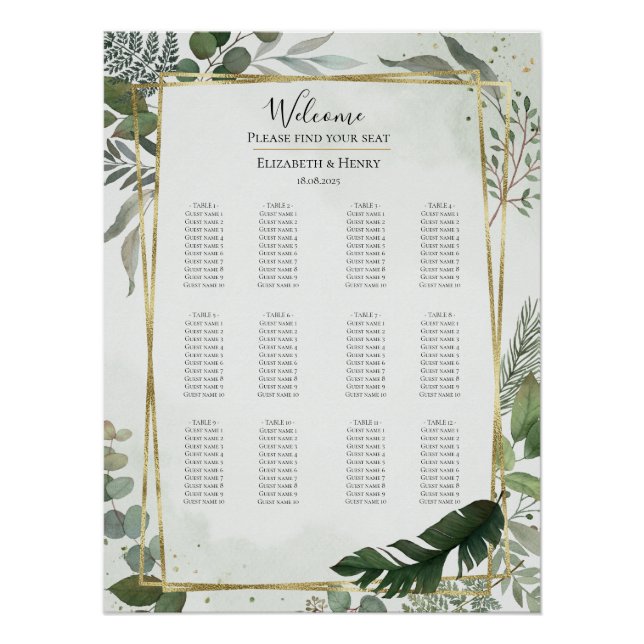 Greenery gold watercolour wedding seating chart (Front)