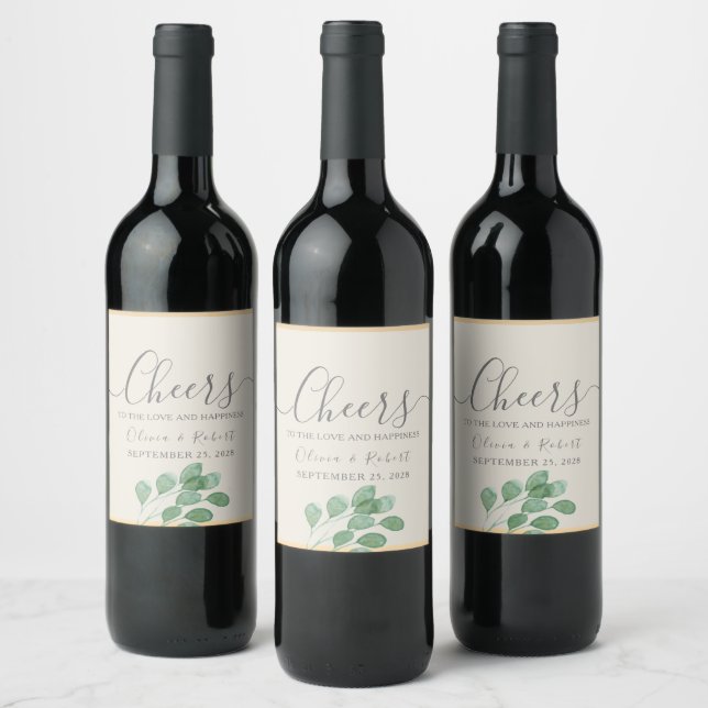 Greenery Gold Wedding Cheers Wine Label (Bottles)