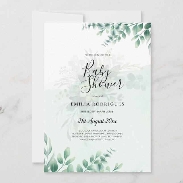 Greenery Gold Wedding Eucalyptus Leaves QR CODE Invitation (Front)