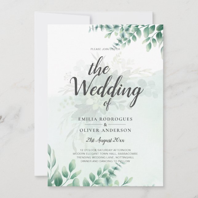 Greenery Gold Wedding Eucalyptus Leaves QR CODE Invitation (Front)