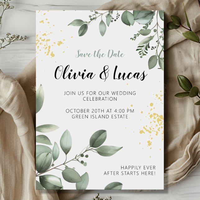 Greenery & Gold Wedding Invite with Script Font (Creator Uploaded)