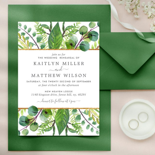Greenery & Gold Wedding Rehearsal Dinner Invitation (Creator Uploaded)
