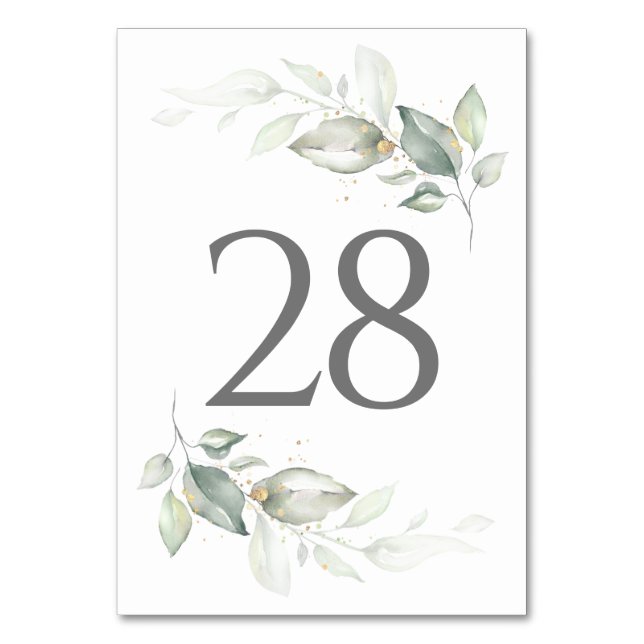 Greenery & Gold Wedding Table Number Cards (Front)