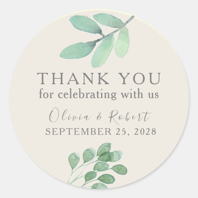 Greenery Gold Wedding Thank You Sticker (Front)