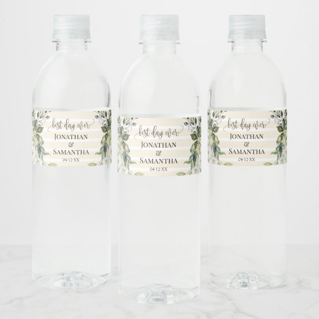 Greenery Gold Wedding Water Bottle Label (Bottles)