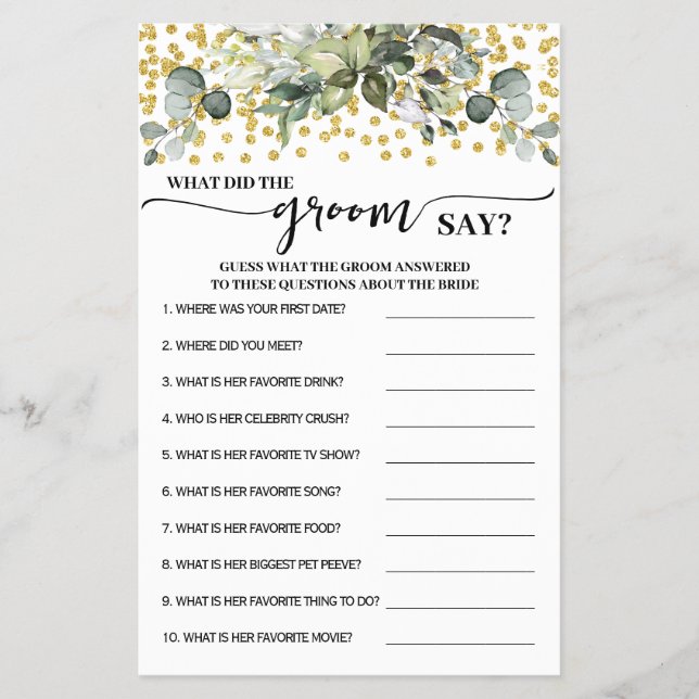 Greenery Gold What did Groom Say Shower Game Card (Front)