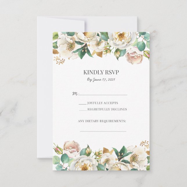 Greenery Gold White Floral Wedding RSVP cards (Front)