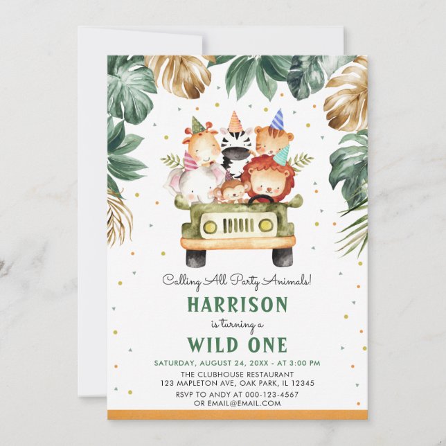Greenery Gold Wild One Safari Animals 1st Bithday Invitation (Front)
