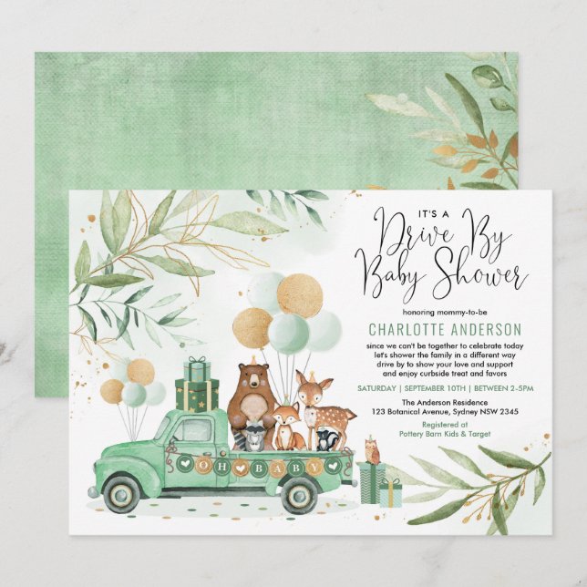 Greenery Gold Woodland Drive Through Baby Shower Invitation (Front/Back)