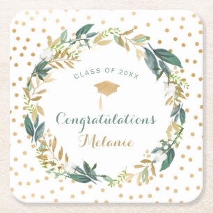 Greenery Gold Wreath graduation party decor Square Paper Coaster