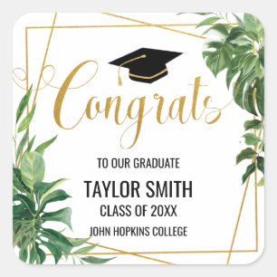 Greenery Graduation Modern Gold Geometric  Square Sticker