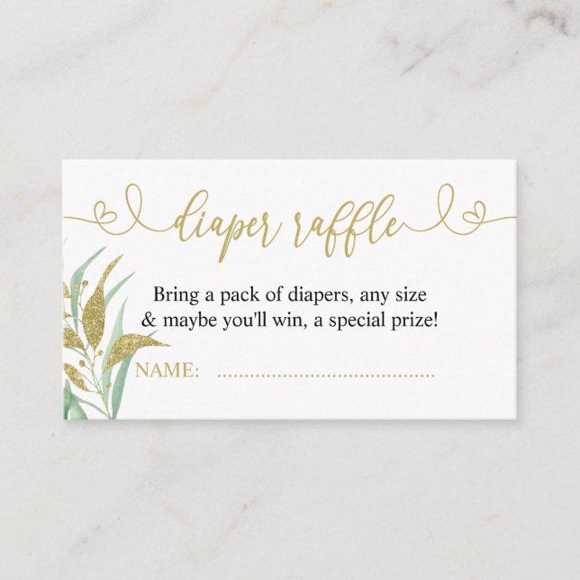 Greenery Green and Gold Elegant Diaper Raffle Enclosure Card (Front)