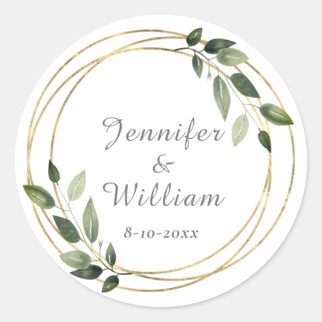 Greenery Green and Gold Geometric Rustic Wedding Classic Round Sticker (Front)