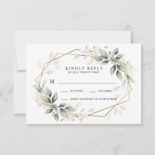 Greenery Green and Gold Geometric Rustic Wedding RSVP Card