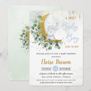 Greenery Green Elephant Sweet Baby Boy Shower Inv Invitation