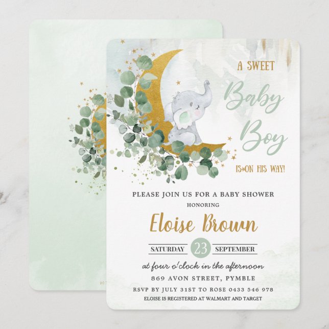 Greenery Green Elephant Sweet Baby Boy Shower  Invitation (Front/Back)