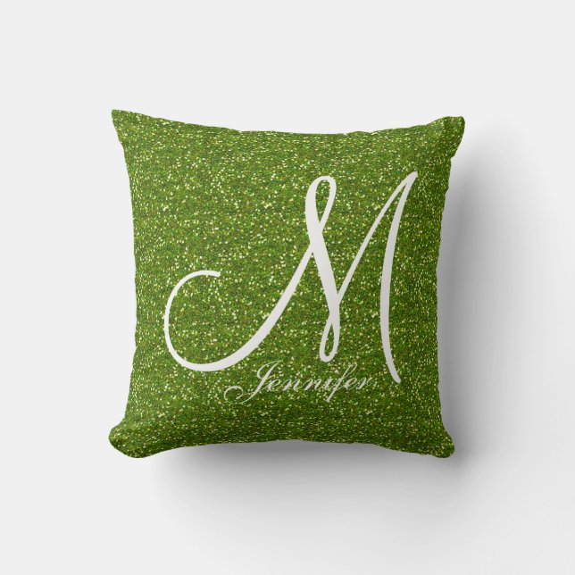 GREENERY GREEN glitter white Monogram YOUR NAME Throw Pillow (Front)