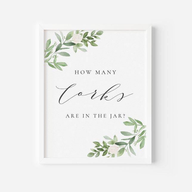 Greenery Grey How Many Corks Are in The Jar Game Poster (Greenery Cork Guessing Game Sign | Watercolor Corks in a Jar Game for Showers and Parties)