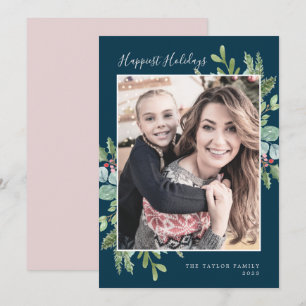Greenery Happiest Holidays   Navy Photo Holiday Card