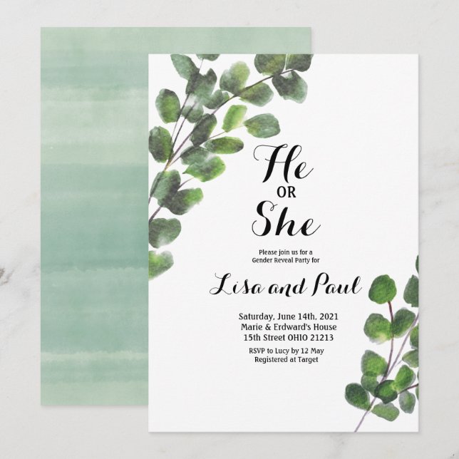Greenery He or She Gender Reveal Invitation (Front/Back)