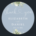 Greenery Heart Script Dusty Blue Wedding Favour Classic Round Sticker<br><div class="desc">Elegant greenery floral heart script thank you sticker personalized with your names and special date. Designed by Thisisnotme©</div>