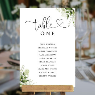 Greenery Heart Script Table Number Seating Chart