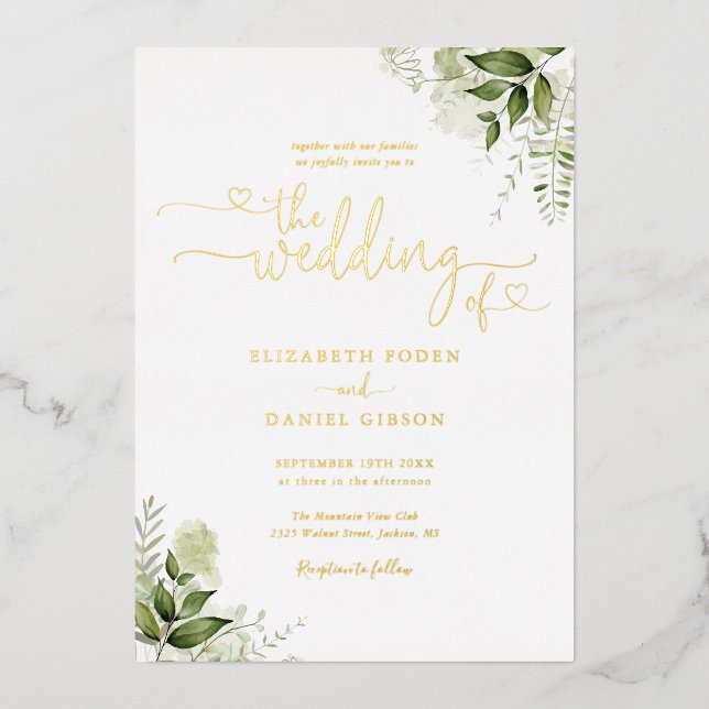Greenery Hearts Script Calligraphy Wedding Gold (Front)