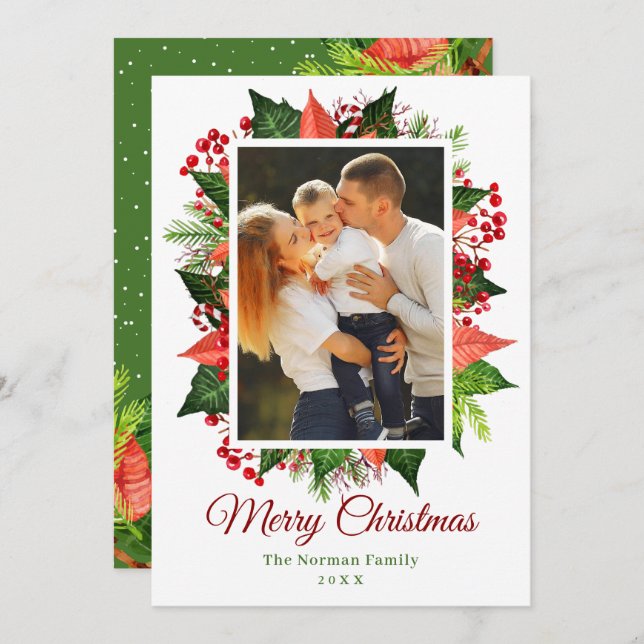 Greenery Holly Berries Merry Christmas Photo Holiday Card (Front/Back)