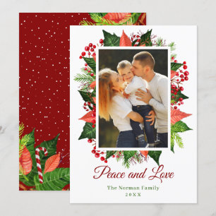 Greenery Holly Berries Peace and Love Photo Holiday Card
