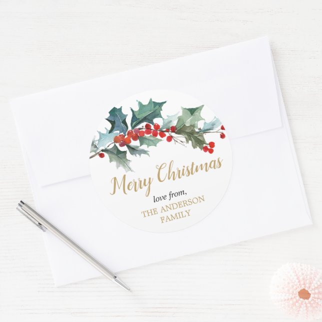 Greenery holly red gold watercolor Christmas Classic Round Sticker (Envelope)
