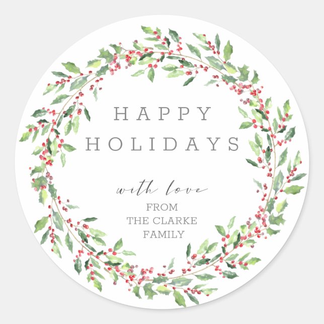 Greenery Holly Wreath Happy Holidays Sticker (Front)