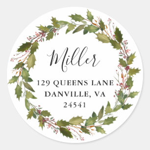 Greenery Holly Wreath Return Address Classic Round Sticker