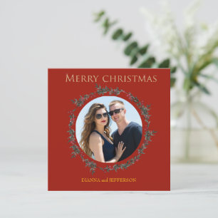 Greenery Holly Wreath that encloses your photo Holiday Card
