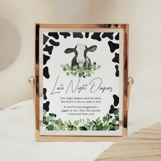 Greenery Holy Cow Baby Shower Late Night Diapers Poster (Gender Neutral Highland Cow Baby Shower Late Night Diapers Sign)