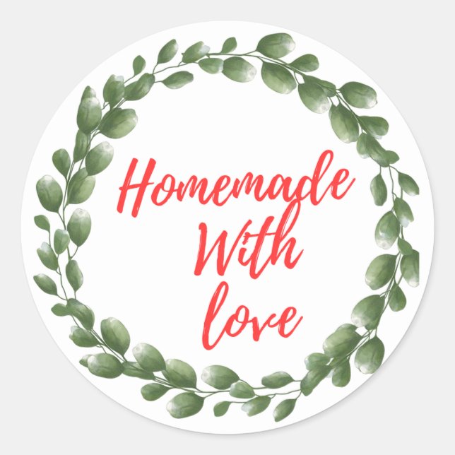 Greenery 'Homemade With Love' Red Round Sticker (Front)