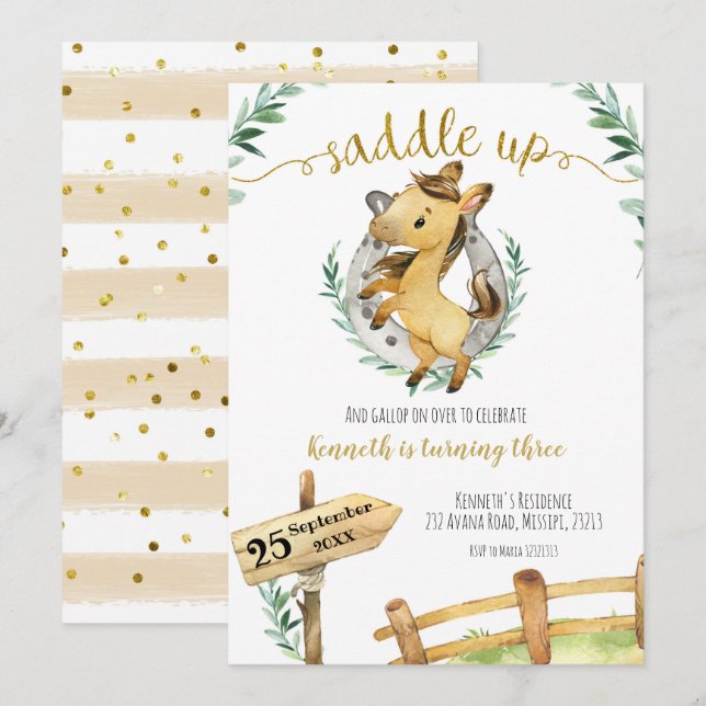 Greenery Horse Saddle Up Birthday Invitation (Front/Back)