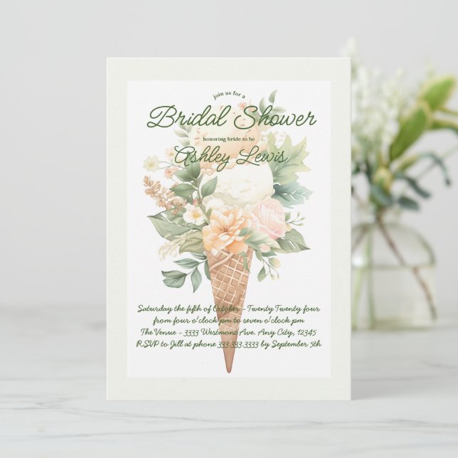 Greenery Ice cream cone, Boho foral ice cream Invitation (Standing Front)