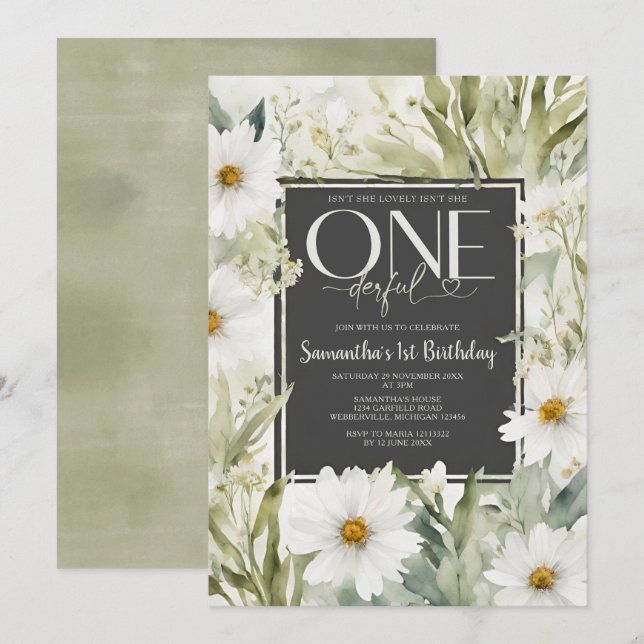 Greenery Isn't She Onederful 1st Birthday Flowers Invitation (Front/Back)