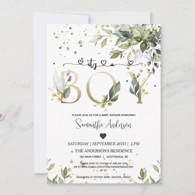 Greenery It's a Boy Baby Shower Eucalyptus Party  Invitation (Front)