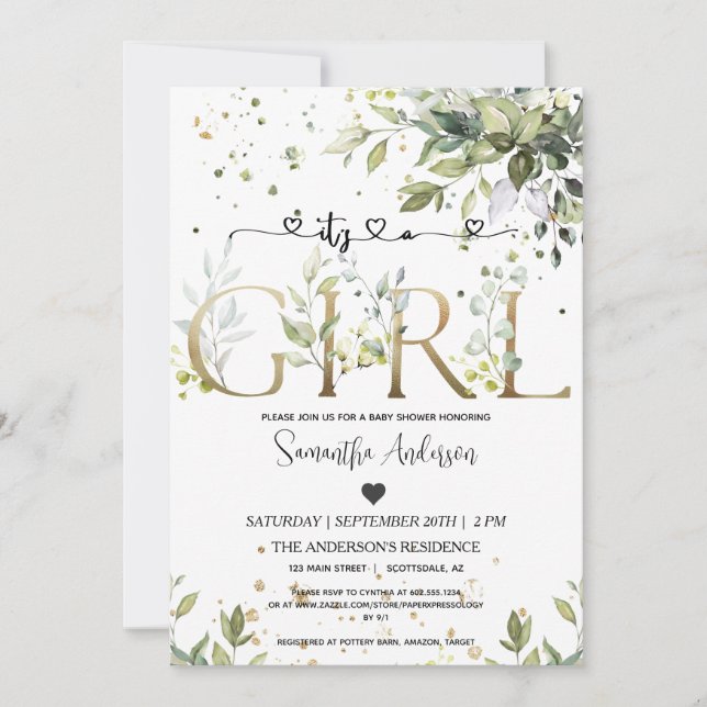 Greenery It's a Girl Baby Shower Eucalyptus Party Invitation (Front)