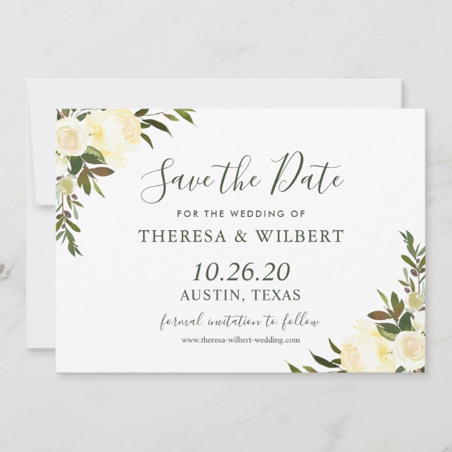 Greenery Ivory Wild Floral Save the Date (Front)
