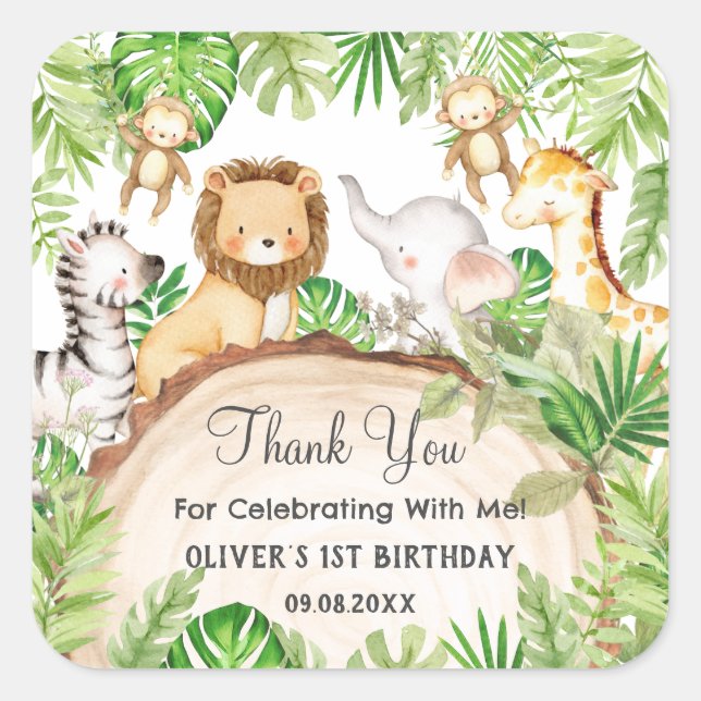 Greenery Jungle Animals 1st Birthday Baby Shower Square Sticker (Front)
