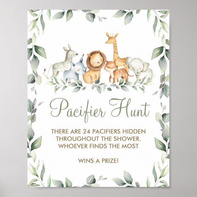 Greenery Jungle Animals Shower Pacifier Hunt Game Poster (Front)