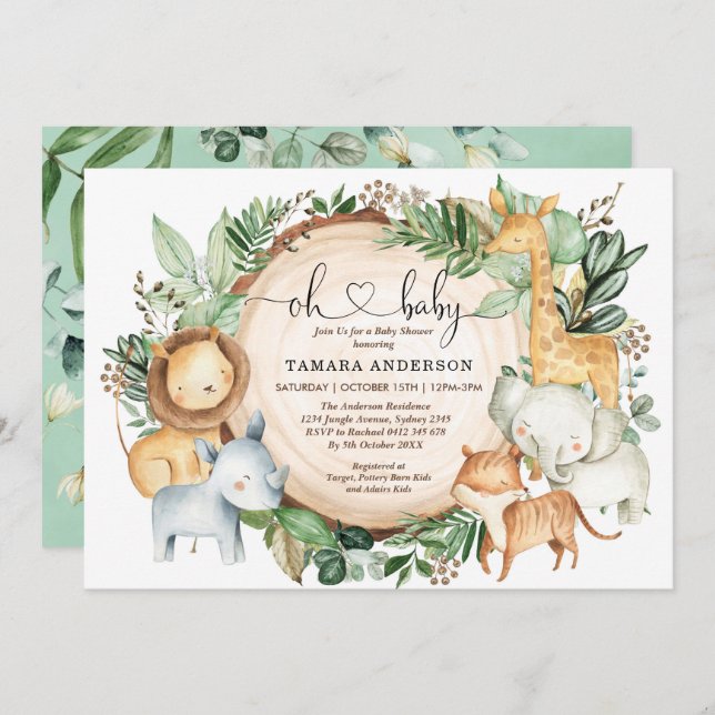 Greenery Jungle Safari Wild Animals Baby Shower Invitation (Front/Back)
