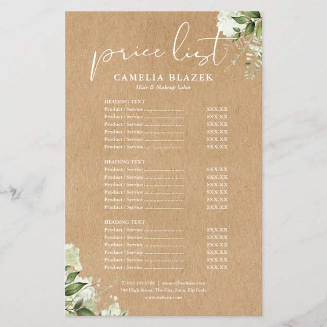 Greenery Kraft 2 Sided Service Menu Price List (Front)