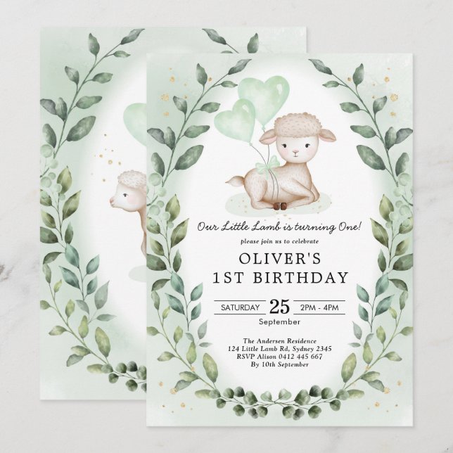 Greenery Lamb 1st Birthday Baby Sheep Party Invitation (Front/Back)