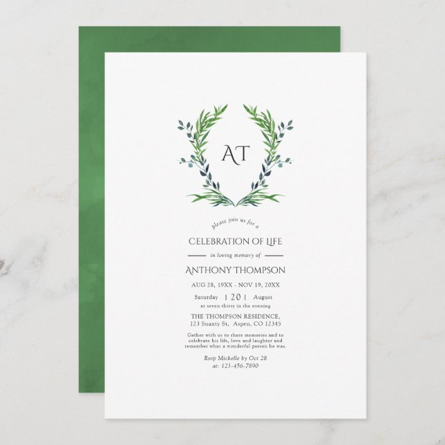 Greenery Laurel Crest Monogram Celebration of Life Invitation (Front/Back)
