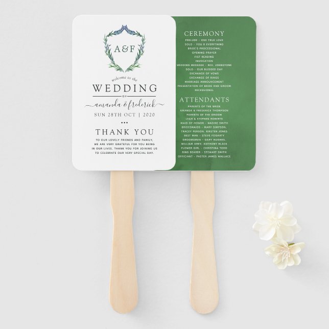 Greenery Laurel Crest Monogram Wedding Program Hand Fan (Front and Back)