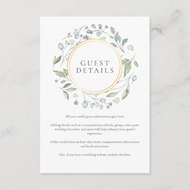 Greenery Laurel Garland Guest Information Details Enclosure Card (Front)