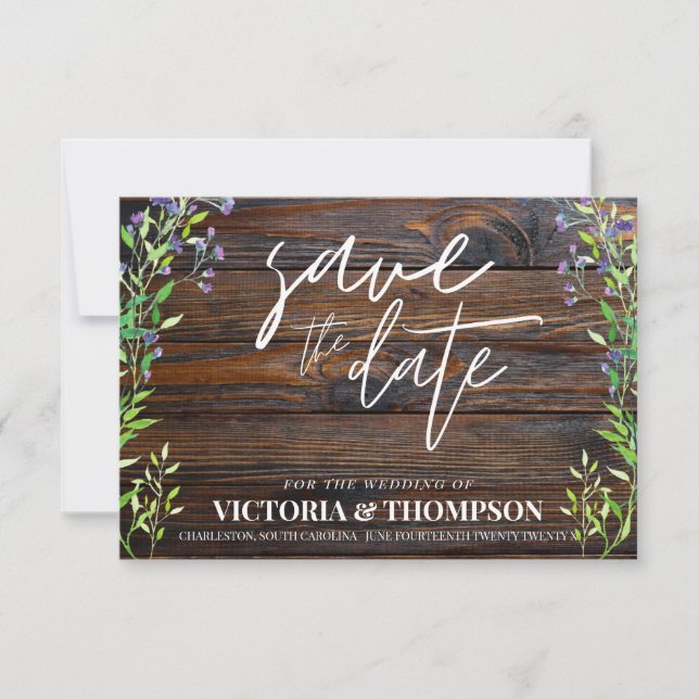 Greenery Lavender Wood Rustic Wedding Save The Date (Front)